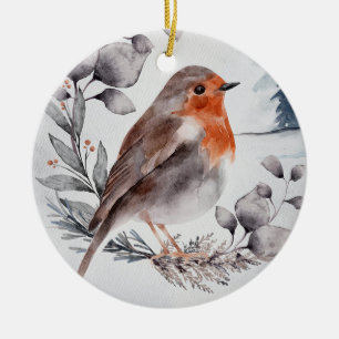 Décoration En Céramique Elégante aquarelle Winter American Robin