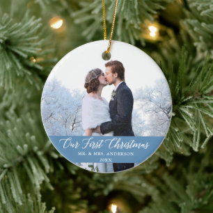 Décoration En Céramique Élégante calligraphie Notre premier Noël Bleu clai