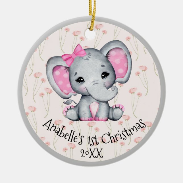 Décoration En Céramique Eléphant Bébé rose mignon 1er Noël (Devant)