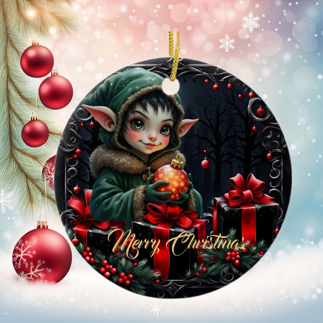 Décoration En Céramique Enfant Elfe mignon en manteau à capuchon vert (Créateur téléchargé)