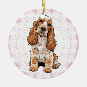 Décoration En Céramique Épagneul Breton Coquette Chien Nœuds Gingham Rose
