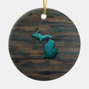 Décoration En Céramique État du Michigan Turquoise