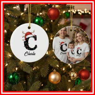 Décoration En Céramique Famille Monogramme Noël Cerf Santa Chapeau PHOTO