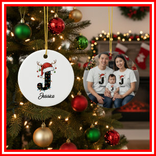 Décoration En Céramique Famille Monogramme Noël Cerf Santa Chapeau PHOTO