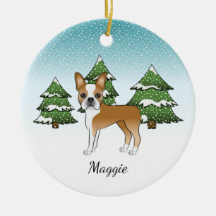 Décoration En Céramique Fawn Boston Terrier Dans Une Forêt D'Hiver & Nom