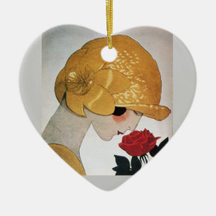 DÉCORATION EN CÉRAMIQUE FEMME AU COEUR ROSE ROUGE