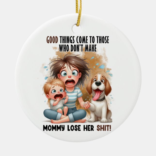 DÉCORATION EN CÉRAMIQUE FEMME AVEC BÉBÉ ET CHIEN AMUSANT (Devant)