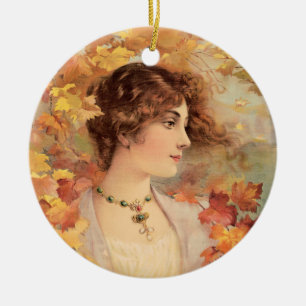 Décoration En Céramique Femme d'automne Art Nouveau Imprimé de feuillage d