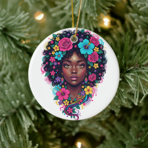 Décoration En Céramique Femme noire profonde avec afro orné de fleurs vive