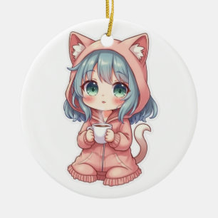 Décoration En Céramique Fille Anime Kawaii Cozy avec Sweat à Capuche Chat