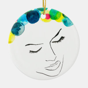 Décoration En Céramique Fille aux cheveux colorés funky aquarelle