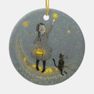 Décoration En Céramique Fille et chat sur la lune et les étoiles