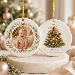 Décoration En Céramique Fille Rose Premier Noël Noeud Photo