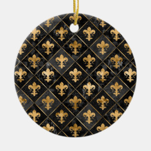 Décoration En Céramique Fleur de lis motif Marbre noir et or