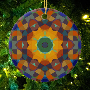 Décoration En Céramique Fleur de Mandala rétro orange bleu et vert