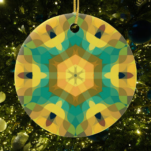 Décoration En Céramique Fleur rétro Mandala jaune bleu et vert