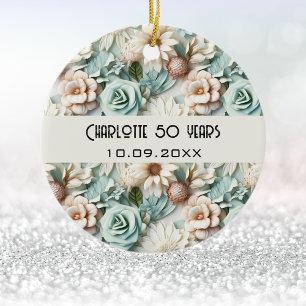 Décoration En Céramique Fleurs crème verte poussiéreuse nom d'anniversaire