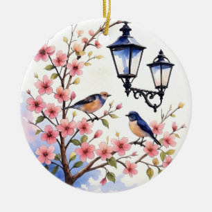 Décoration En Céramique Fleurs de cerisiers et oiseaux