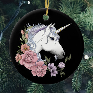 Décoration En Céramique Fleurs de licorne blanche enchantée rose noir