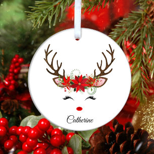 Décoration En Céramique Floral Christmas Reindeer Nom personnalisé