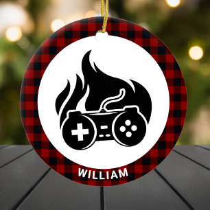 Décoration En Céramique Gamer Nom du garçon Red Plaid Custom Christmas