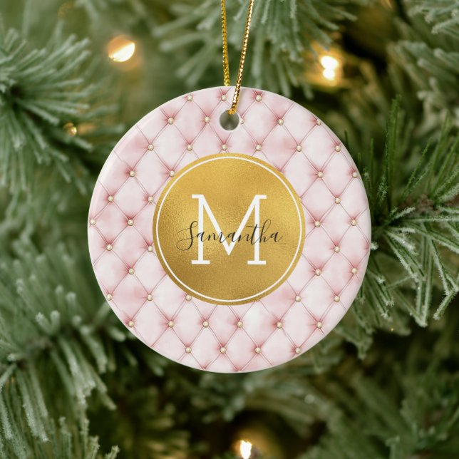 Décoration En Céramique Girly Pink Gold Watercolor Confetti Monogram (Arbre)