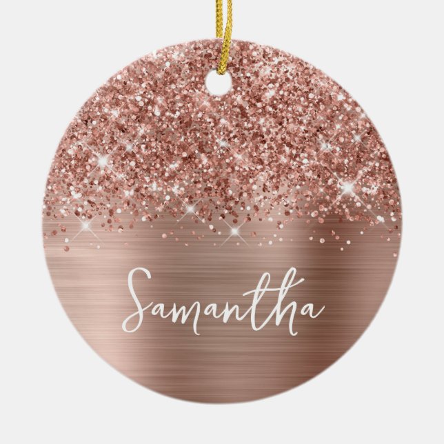 Décoration En Céramique Glitter Rose Gold Glam Nom Photo (Devant)