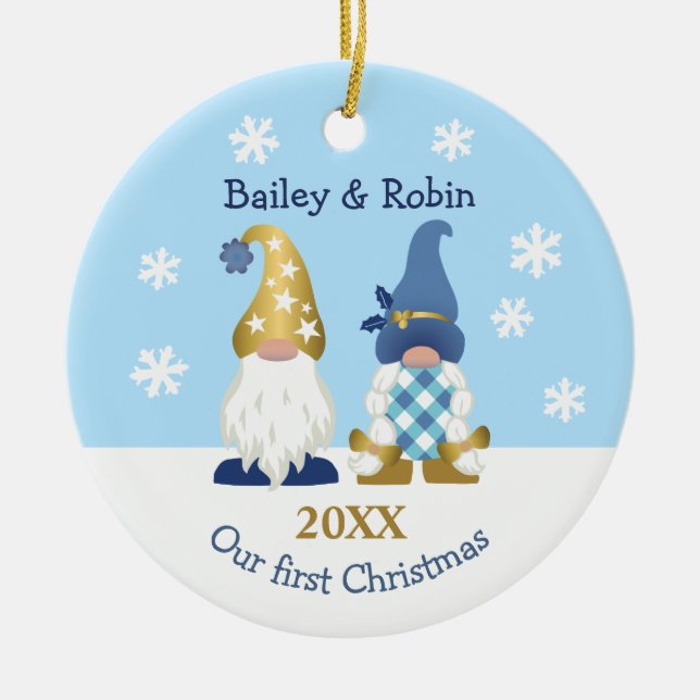 Décoration En Céramique Gnomes mignons Notre premier En vichy Gold Blue de (Devant)