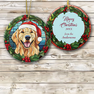 Décoration En Céramique Golden Retriever Holly Berry Wreath