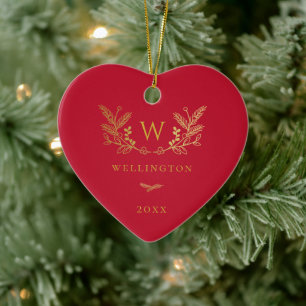 Décoration En Céramique Golden Winter Sprigs Monogramme Rouge