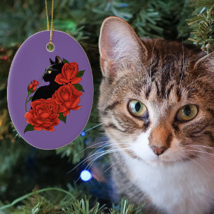 Décoration En Céramique Gothique Chat Noir Roses Rouges Violet