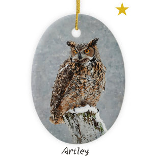 Décoration En Céramique Grande Chouette à cornes Peinture d'oiseaux Année 