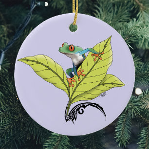 Décoration En Céramique Grenouille aux Yeux Rouges Feuilles Vertes Lavande