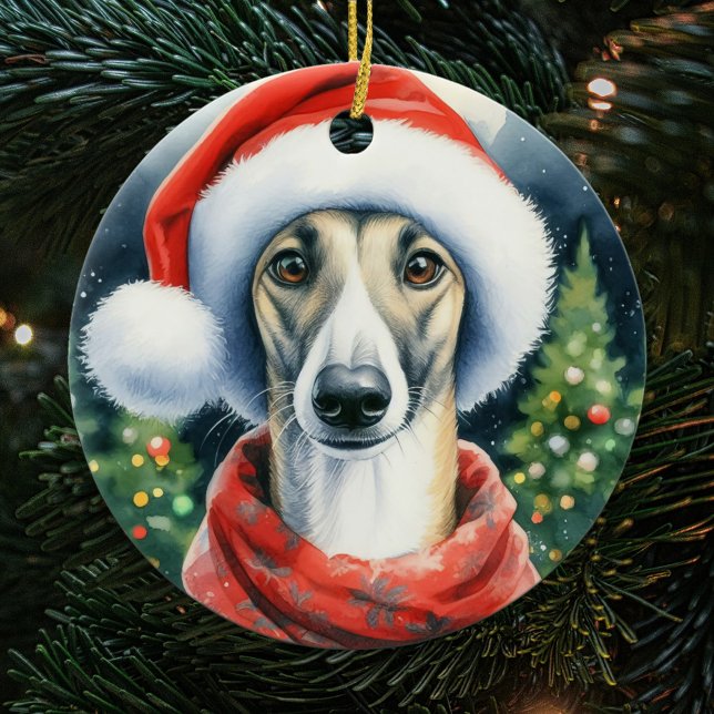 Décoration En Céramique Greyhound Santa Hat Aquarelle Noël (Créateur téléchargé)