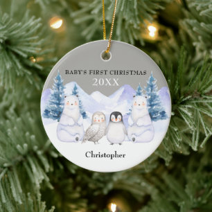 Décoration En Céramique Gris Hiver Bois Animaux Bébé's premier Noël