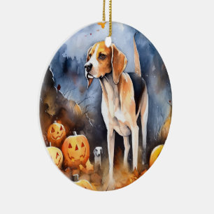 Décoration En Céramique Halloween Anglais Foxhound Avec Citrouille
