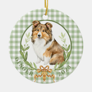 Décoration En Céramique Happy Sheltie dans Laurel Wreath