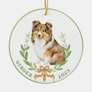 Décoration En Céramique Happy Sheltie dans Laurel Wreath