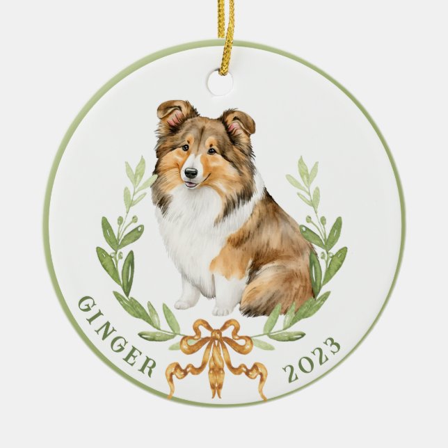 Décoration En Céramique Happy Sheltie dans Laurel Wreath (Devant)