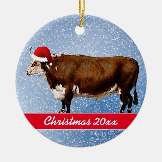 Décoration En Céramique Hereford Bull et Santa Hat (Devant)