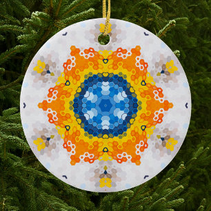 Décoration En Céramique Hex Mandala bleu jaune orange et blanc