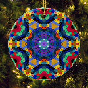 Décoration En Céramique Hex Mandala bleu jaune rouge et vert