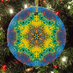 Décoration En Céramique Hex Mandala jaune bleu et rose