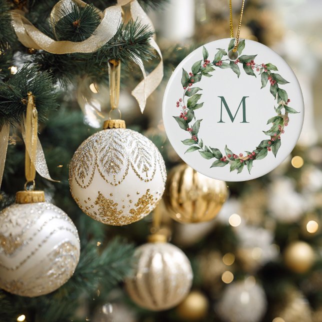 Décoration En Céramique Holly Red Berry Monogramme Wreath Christmas (Holly Wheat Monogrammed Christmas Ornament)