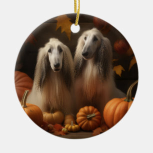 Décoration En Céramique hound afghan Chiot Automne Citrouille de plaisir