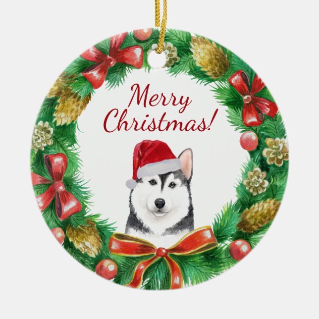 Décoration En Céramique Husky Chien Joyeux Noël (Devant)