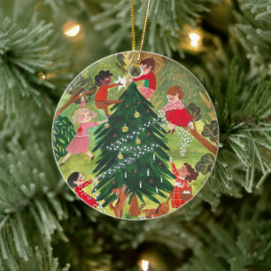 Décoration En Céramique Illustration d'arbre de Noël avec des enfants mign