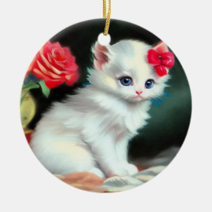 Décoration En Céramique Illustration vintage de Kitten blanc avec fleurs r