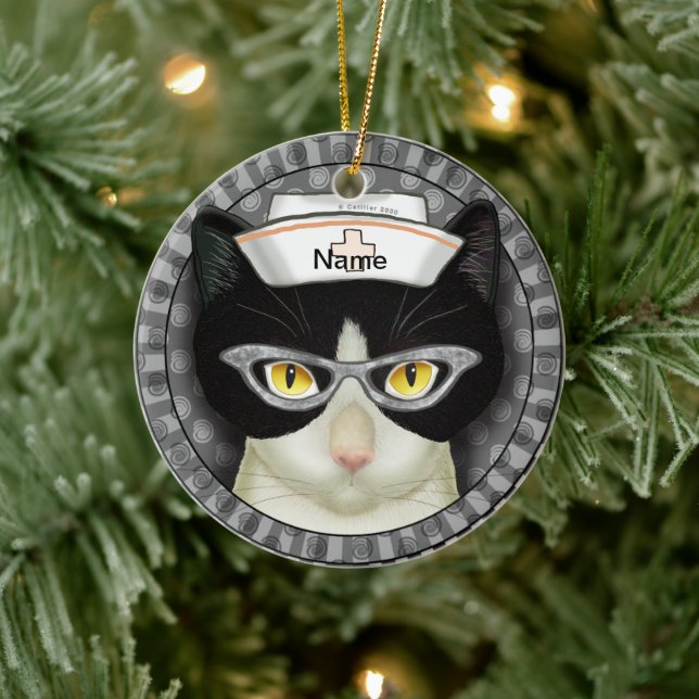 Décoration En Céramique infirmière de chat de Tuxedo (Arbre)