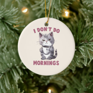 Décoration En Céramique Je ne fais pas le matin - Chat gris avec café